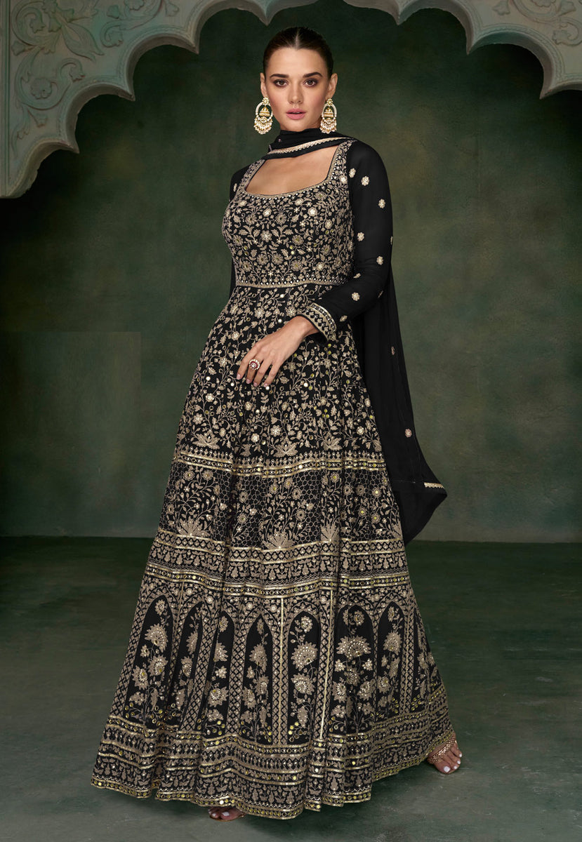 Wedding Black Real Georgette Embroidered Anarkali Gown