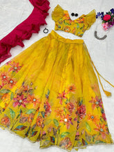 Yellow printed mirror work readymade Lehenga