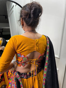 Yellow elephant pure cotton gamthi work readymade Lehenga