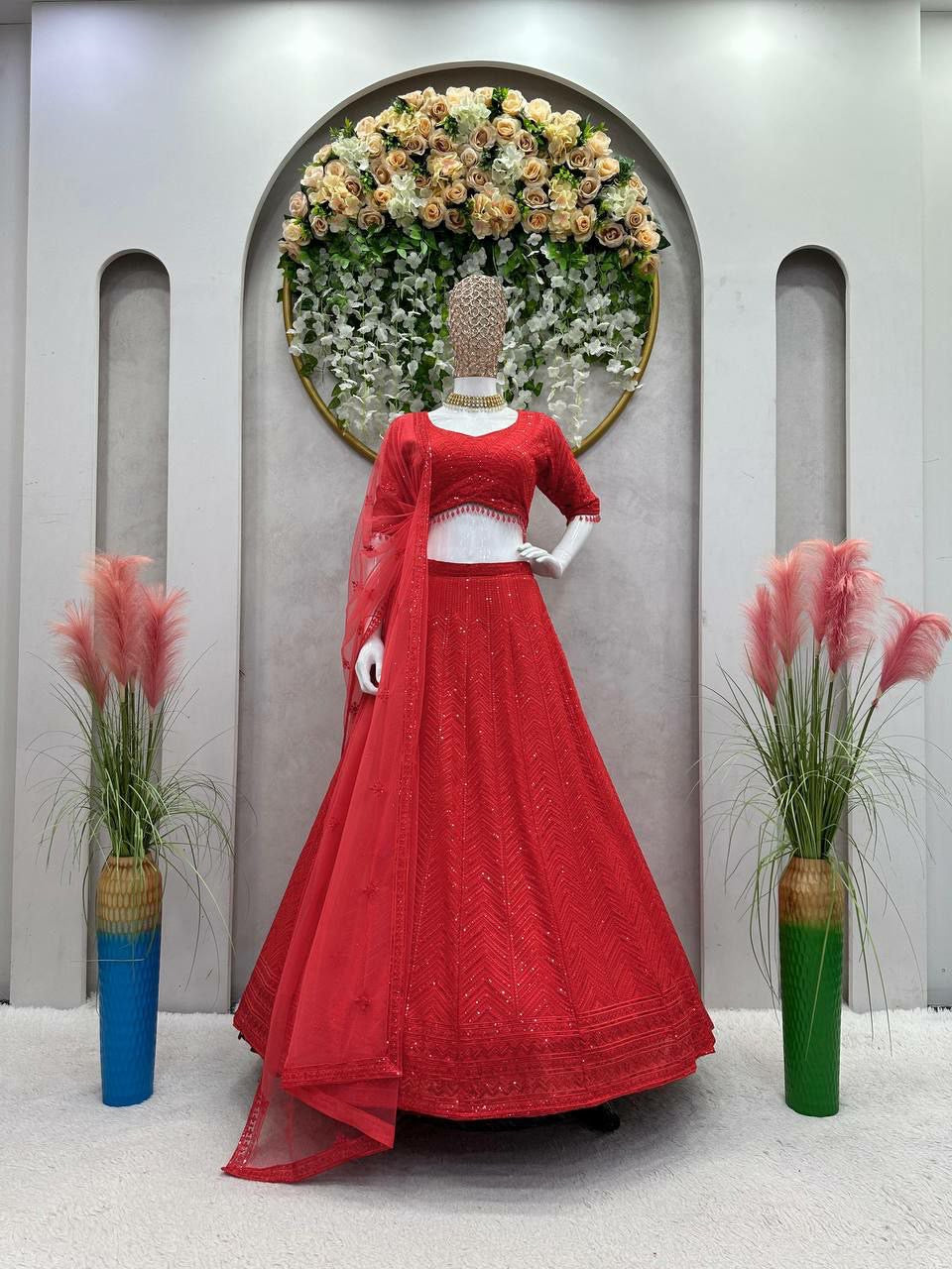 Red sparkly georgette Lehenga