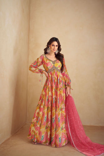 Ahana - multicoloured floral chinon mirror work anarkali