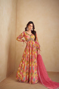 Ahana - multicoloured floral chinon mirror work anarkali