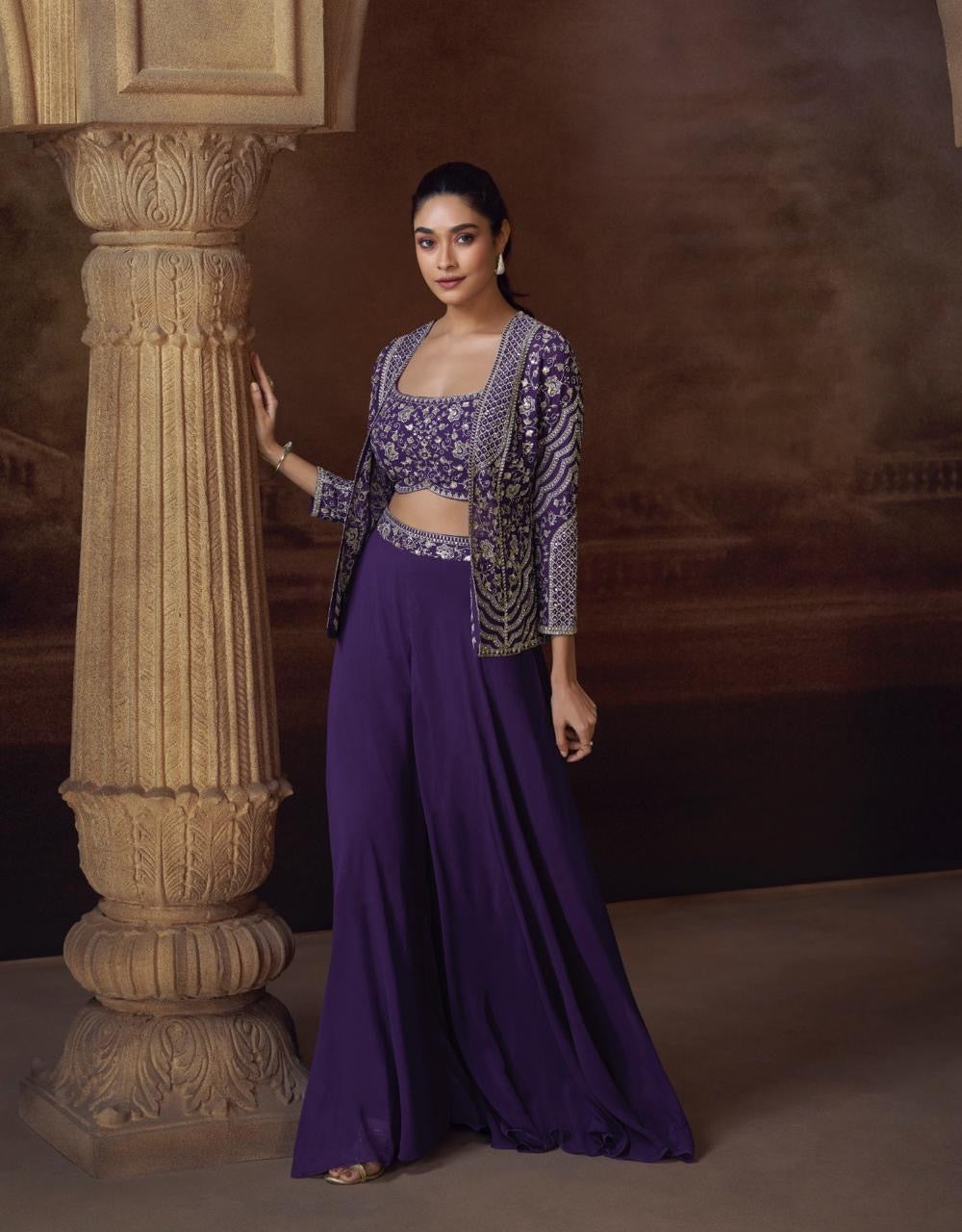 Purple palazzo set with mirror work jacket