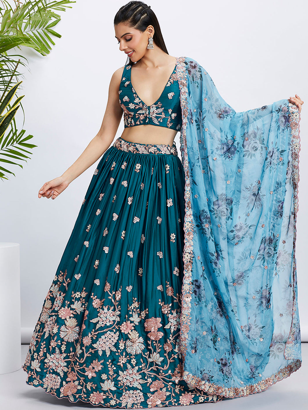 Teal Georgette Lehenga with floral dupatta