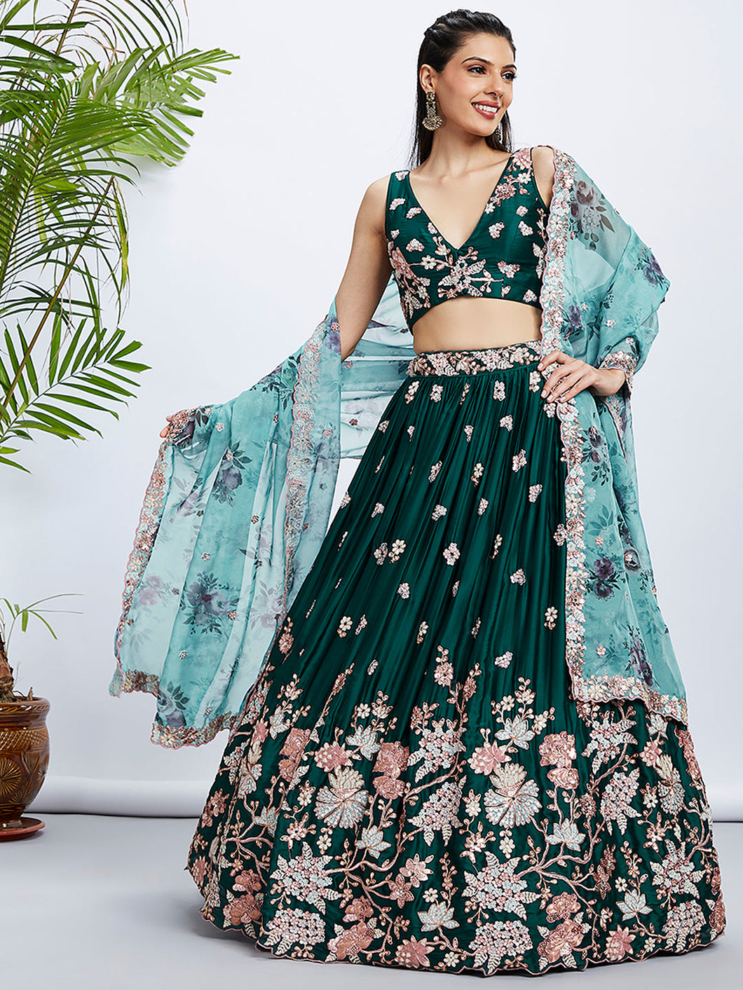 Green Georgette Lehenga with floral dupatta