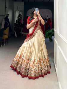 Tussar silk traditional Lehenga multi floral border in off white (skirt stitched)