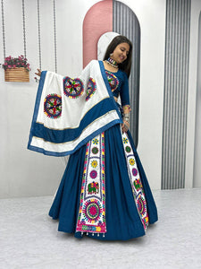Blue and white pure cotton gamthi work readymade Chaniya Choli