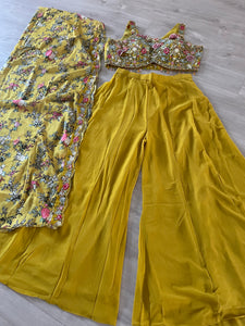 Mustard yellow palazzo set with floral cape