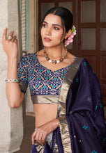 Tussar silk floral Lehenga in navy blue