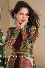 Maroon gown with multicoloured jacket and belt