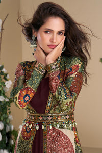 Maroon gown with multicoloured jacket and belt