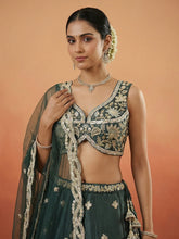 Dark green tissue embroidered lehenga