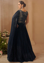 Deep navy blue chinon silk embroidered gown