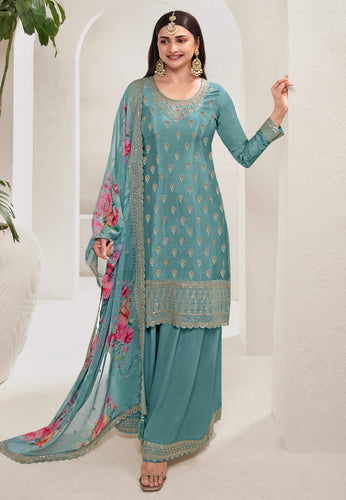 Prachi Desai sky blue chinon silk suit