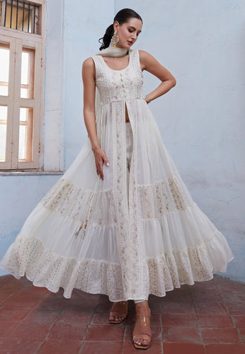 Off white georgette centre slit anarkali with pants