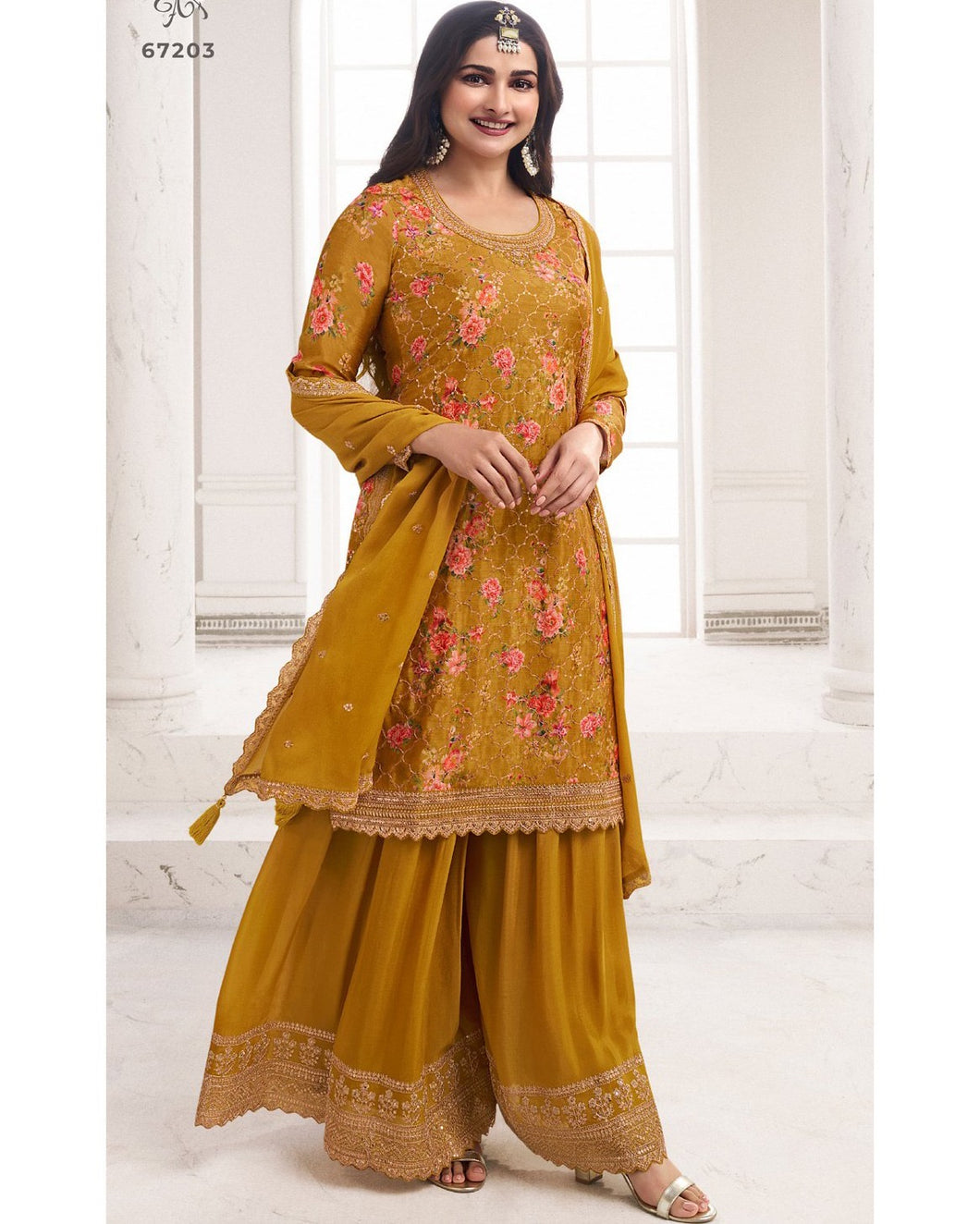 Fusion in fashion - embroidered chinon silk floral suits