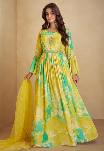 Scarlet - lime green chinon anarkali