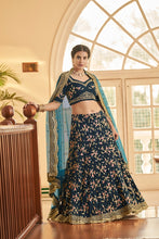 Chinon silk floral multi thread and sequin Lehenga in blue