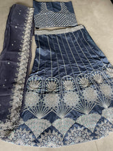 Steel blue Rangoon silk Lehenga with rainbow sequins