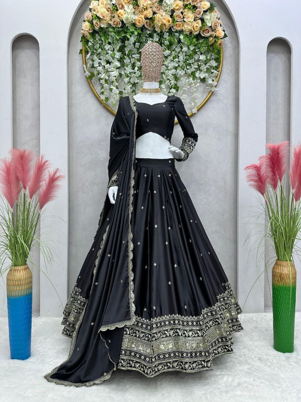 Black Malay satin silk Lehenga