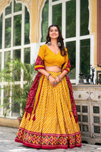 Tussar silk bandhej and Leheriya print in mustard (skirt stitched)