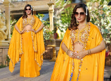 Yellow beaded skirt set with cape