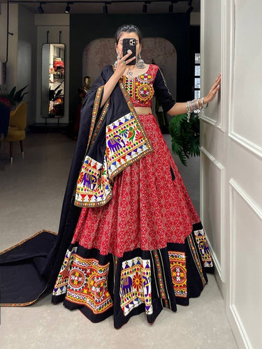 Red printed gamthi work cotton readymade Lehenga