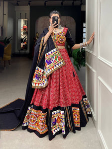 Red printed gamthi work cotton readymade Lehenga