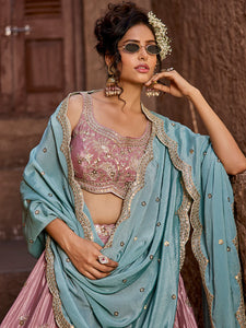 Pink satin silk Lehenga with contrasting dupatta