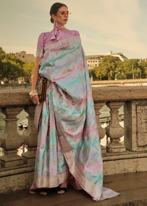 Multicoloured pastel rangkat silk saree in sky blue, lilac and baby pink tones