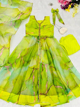 Abstract front slit with pants anarkali in green - readymade