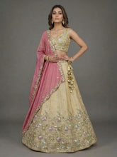 Beige and contrasting pink dupatta lehenga