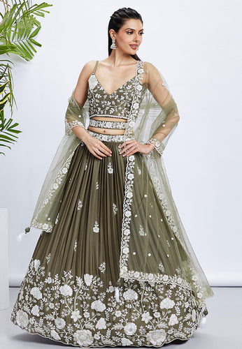 Mehendi green Lehenga with white floral sequins