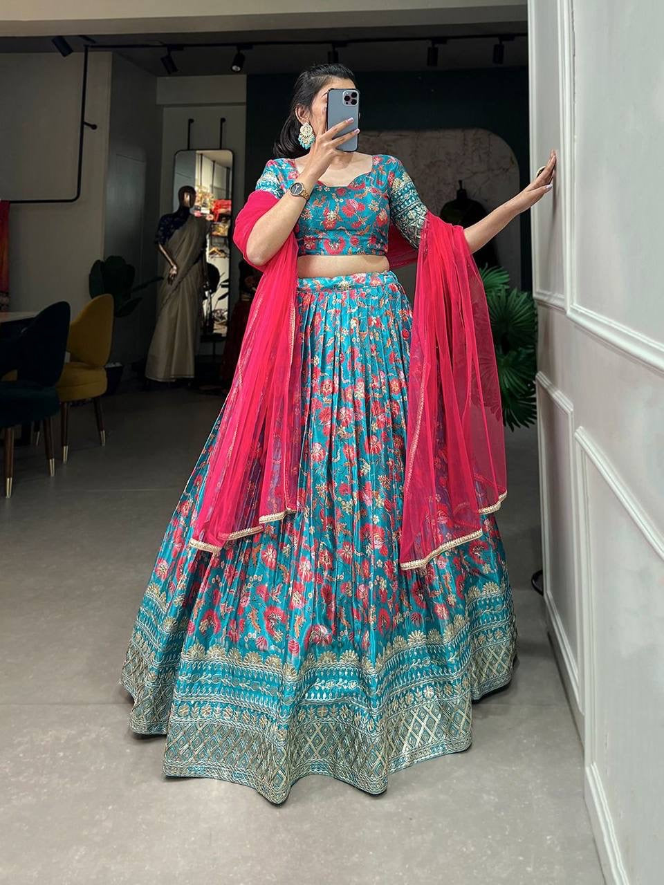 Bridesmaids - chinon digital print lehenga in sky blue