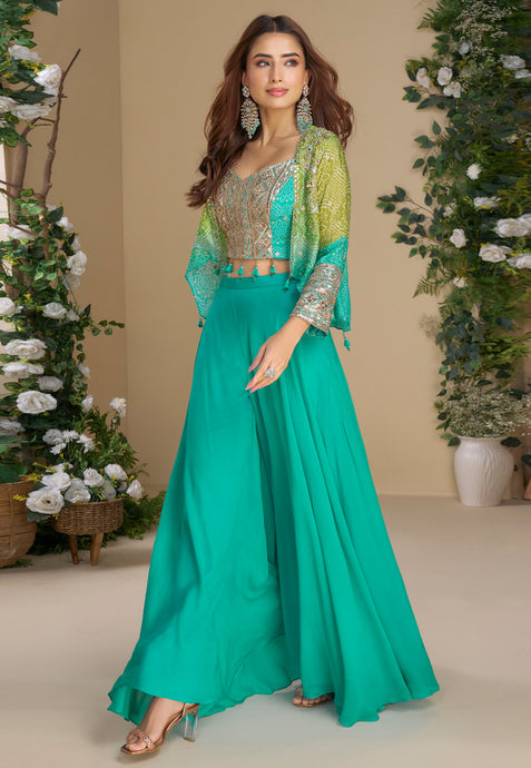 Sea green chinon palazzo bandhani print with short jacket