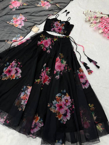 Floral organza silk black Lehenga