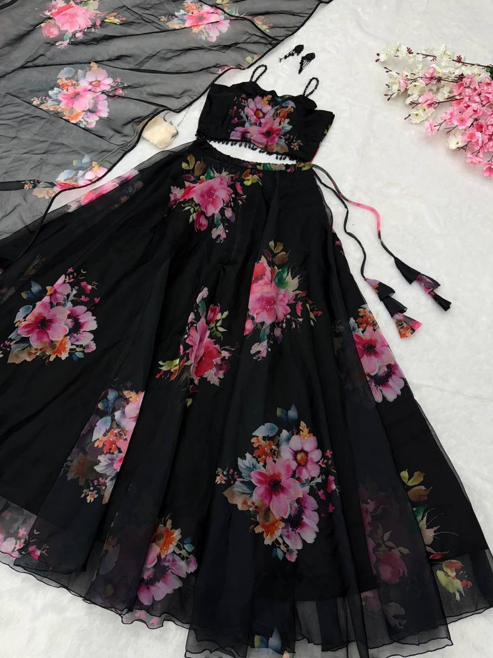 Floral organza silk black Lehenga