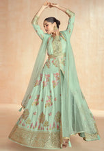 Mint green center slit floral silk anarkali