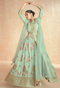 Mint green center slit floral silk anarkali