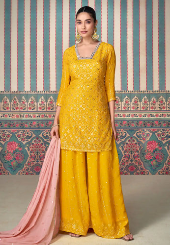 Janisha - yellow readymade chinon silk palazzo suit