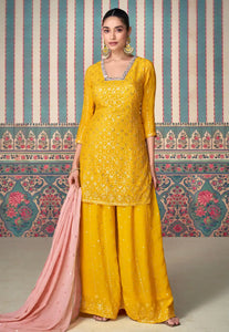 Janisha - yellow readymade chinon silk palazzo suit