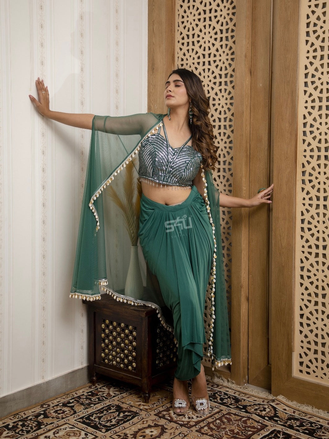 Green drape skirt with shrug