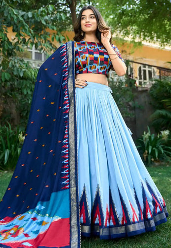 Tussar silk tilakavati Lehenga in sky blue