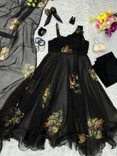 Black organza floral one shoulder style anarkali