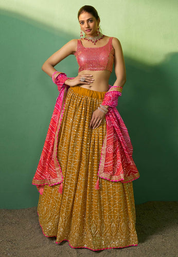 Arna collection - mustard and pink bandhani georgette lehengas