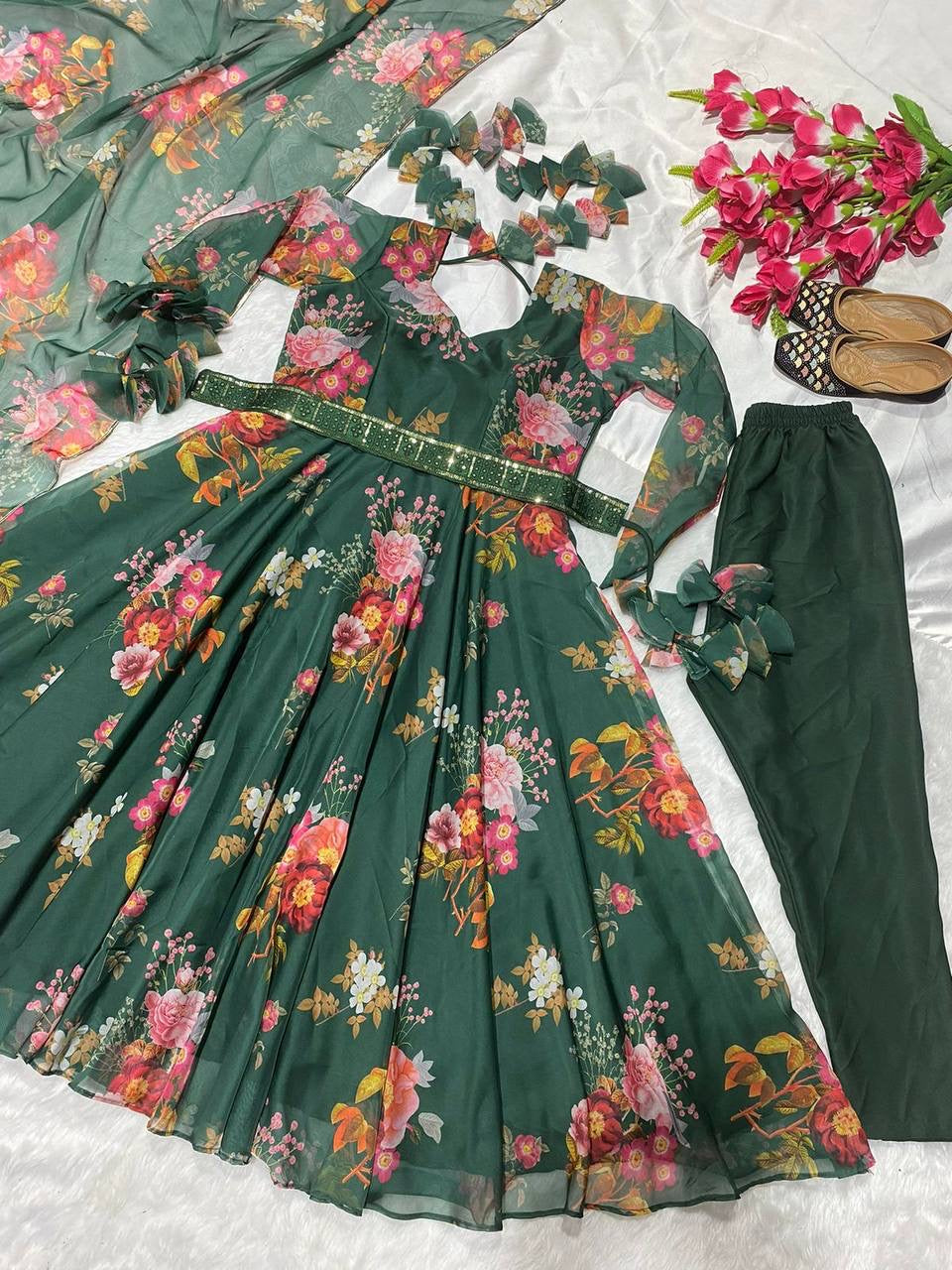 Green organza floral digital print anarkali (UK 10-18)