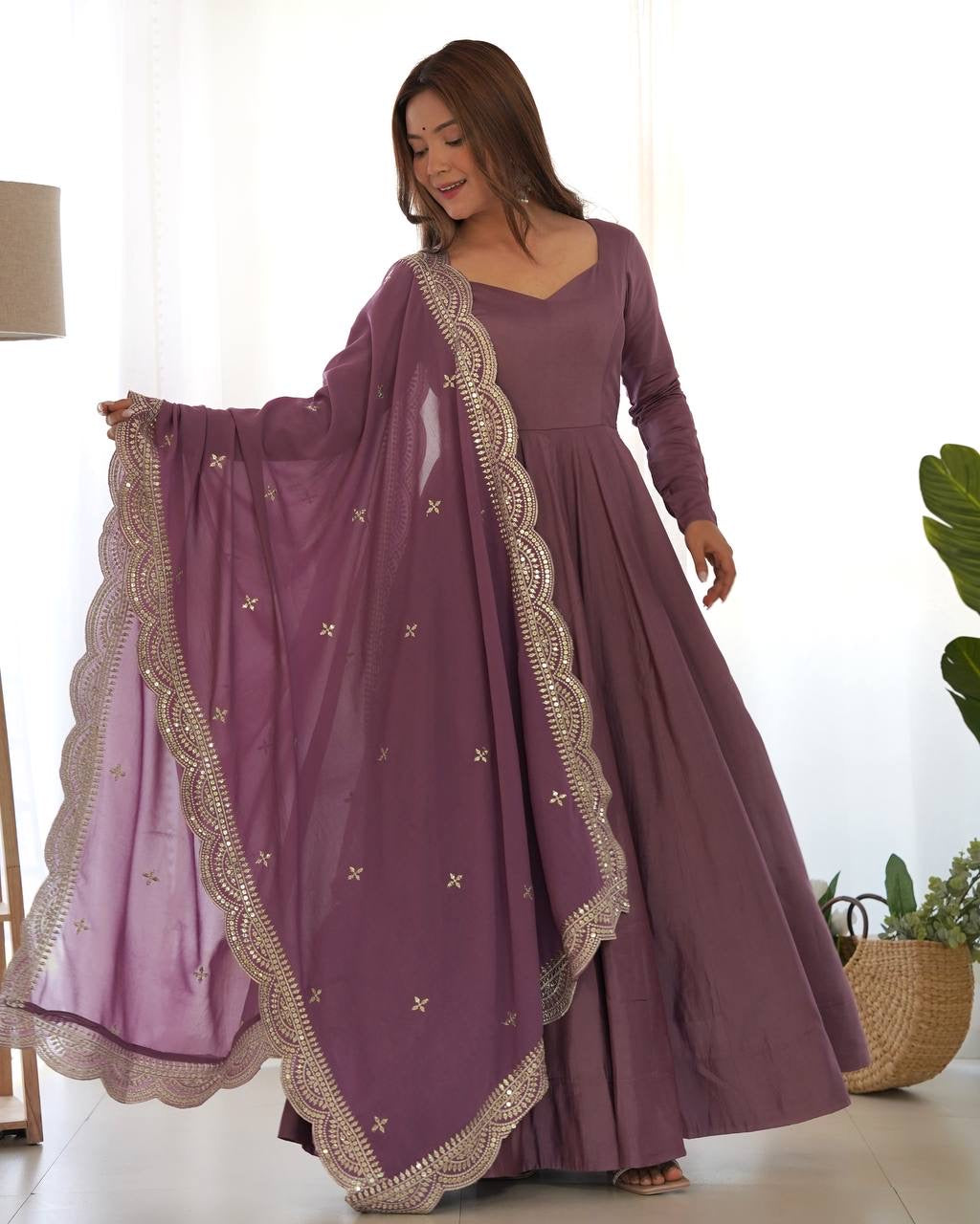 Mauve Roman silk anarkali set readymade