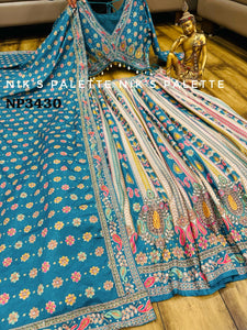 Niks collection - teal blue crepe silk printed lehenga