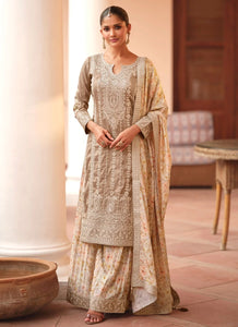 Beige silk floral salwaar kameez suit