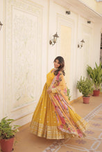 Georgette yellow gown with floral dupatta